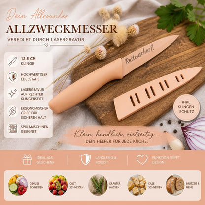 Personalisiertes Allzweckmesser Apricot mit Gravur | Scharfes Küchenmesser Edelstahl 12,5 cm | Universalmesser mit Name & Klingenschutz