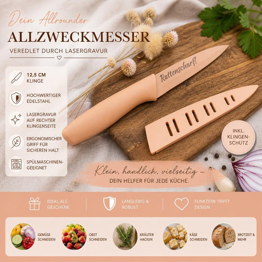 Personalisiertes Allzweckmesser Apricot mit Gravur | Scharfes Küchenmesser Edelstahl 12,5 cm | Universalmesser mit Name & Klingenschutz