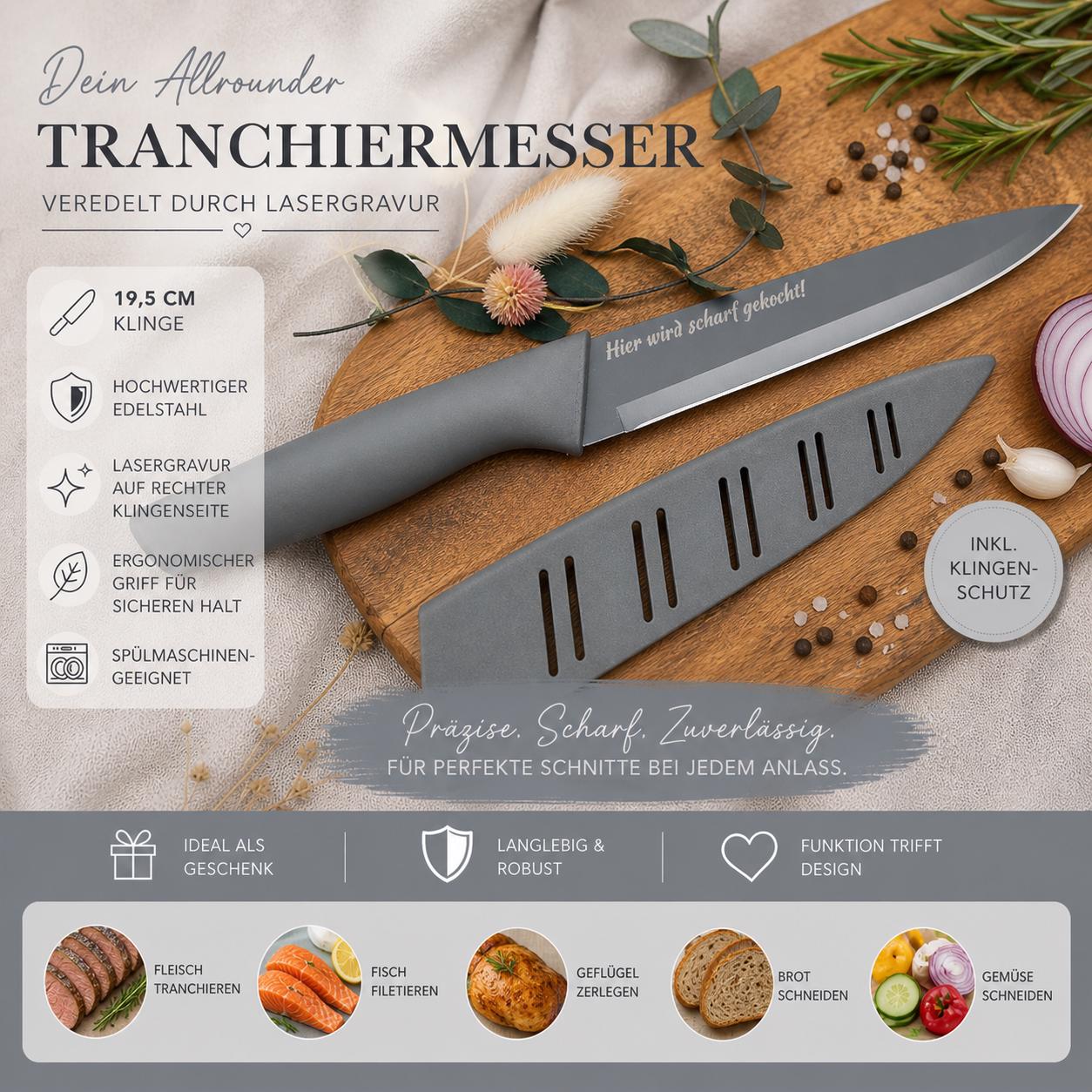 Personalisiertes Tranchiermesser mit Gravur | Scharfes Fleischmesser Edelstahl 19,5 cm | Individuelles Bratenmesser mit Name & Klingenschutz