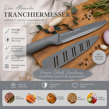 Personalisiertes Tranchiermesser mit Gravur | Scharfes Fleischmesser Edelstahl 19,5 cm | Individuelles Bratenmesser mit Name & Klingenschutz