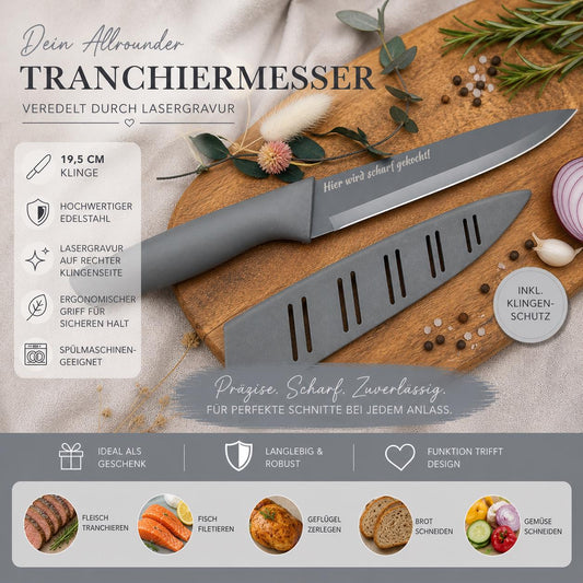 Personalisiertes Tranchiermesser mit Gravur | Scharfes Fleischmesser Edelstahl 19,5 cm | Individuelles Bratenmesser mit Name & Klingenschutz