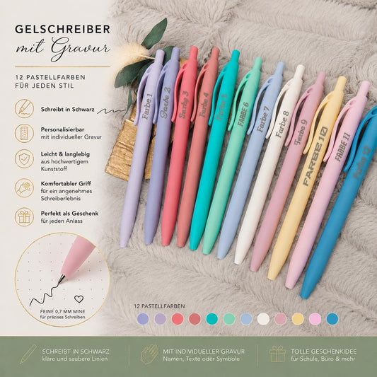 Gelschreiber personalisiert 12 pastellige Farben samtige Oberfläche mit Gravur Kuli Stift Gastgeschenk Geschenk Kugelschreiber