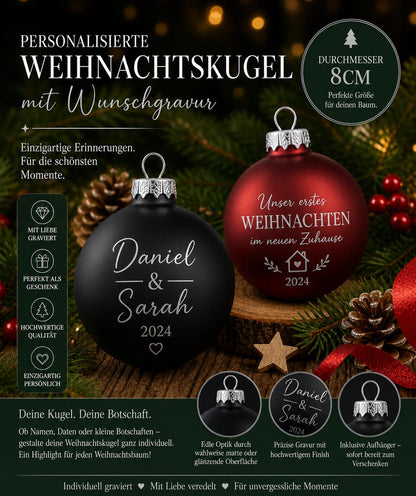 Personalisierte Christbaumkugel aus Glas mit Gravur | 80mm Weihnachtskugel mit Name | Christbaumschmuck Echtglas Matt & Glänzend