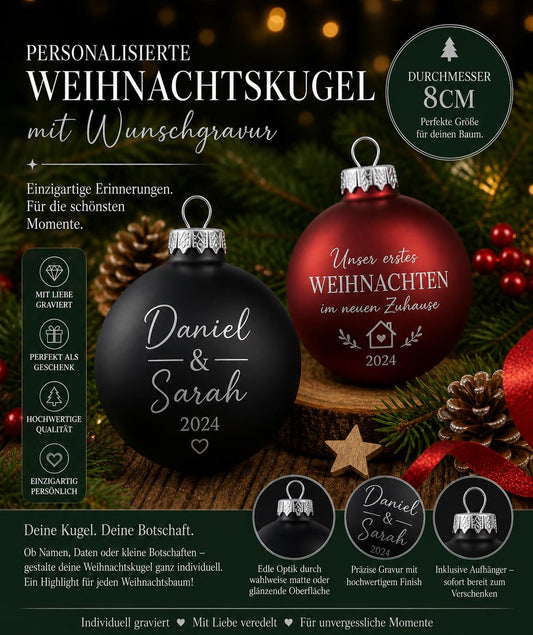 Personalisierte Christbaumkugel aus Glas mit Gravur | 80mm Weihnachtskugel mit Name | Christbaumschmuck Echtglas Matt & Glänzend