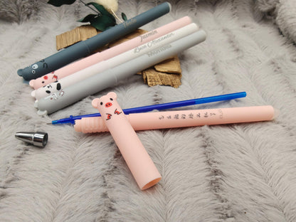 Personalisierter Tier Gelschreiber radierbar | Stift mit Gravur Name | Tintenroller Panda Maus Bär Schwein | Geschenk Schulanfang