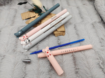 Personalisierter Tier Gelschreiber radierbar | Stift mit Gravur Name | Tintenroller Panda Maus Bär Schwein | Geschenk Schulanfang