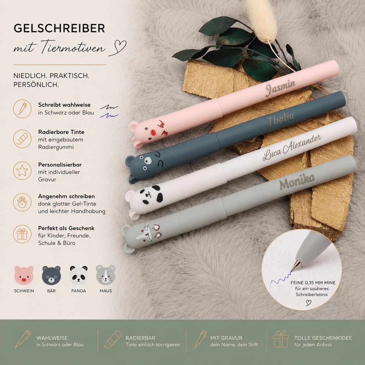 Personalisierter Tier Gelschreiber radierbar | Stift mit Gravur Name | Tintenroller Panda Maus Bär Schwein | Geschenk Schulanfang