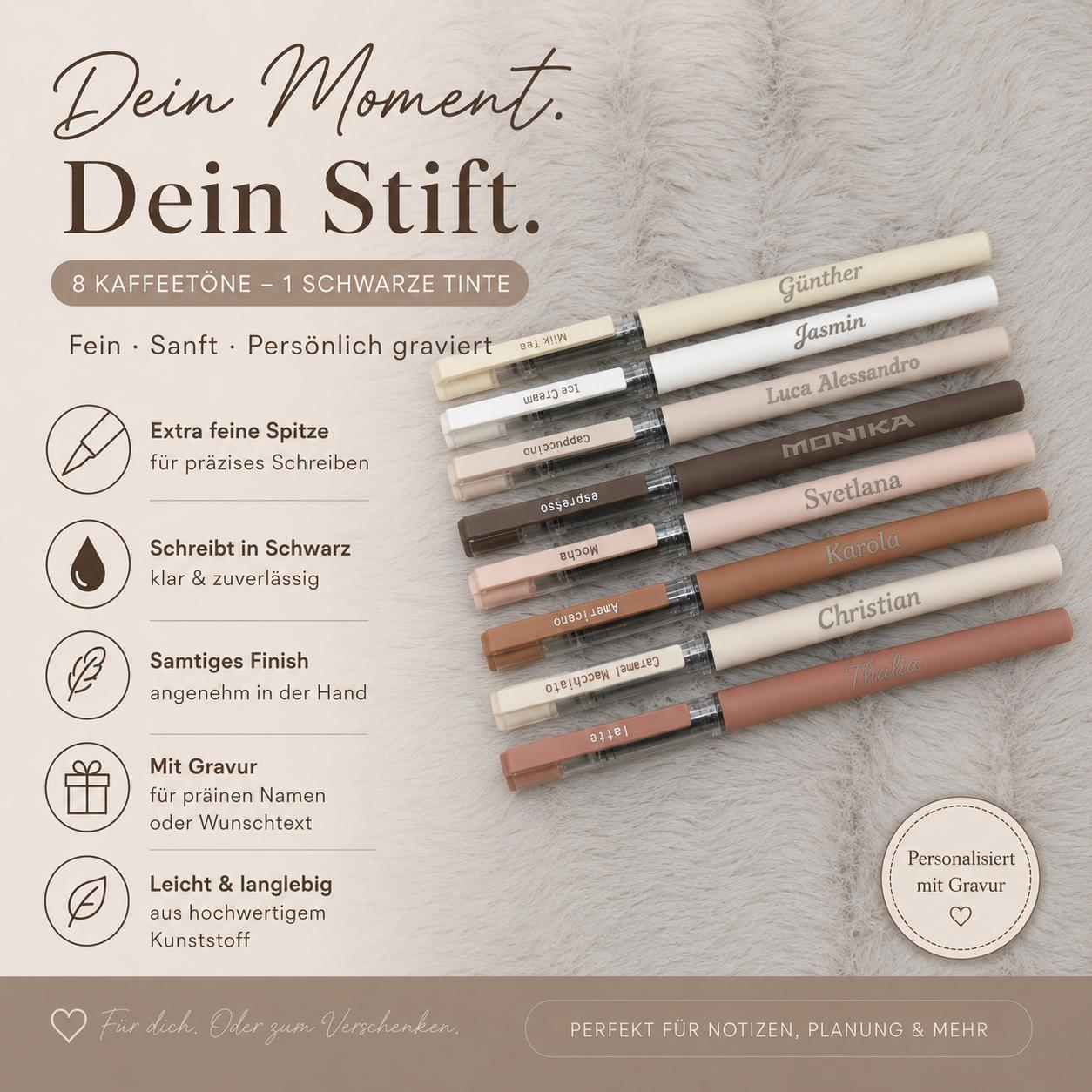 Personalisierter Kugelschreiber Kaffee | Gelschreiber mit Gravur | Stift fein schwarz schreibend | Geschenk Kaffeeliebhaber Barista