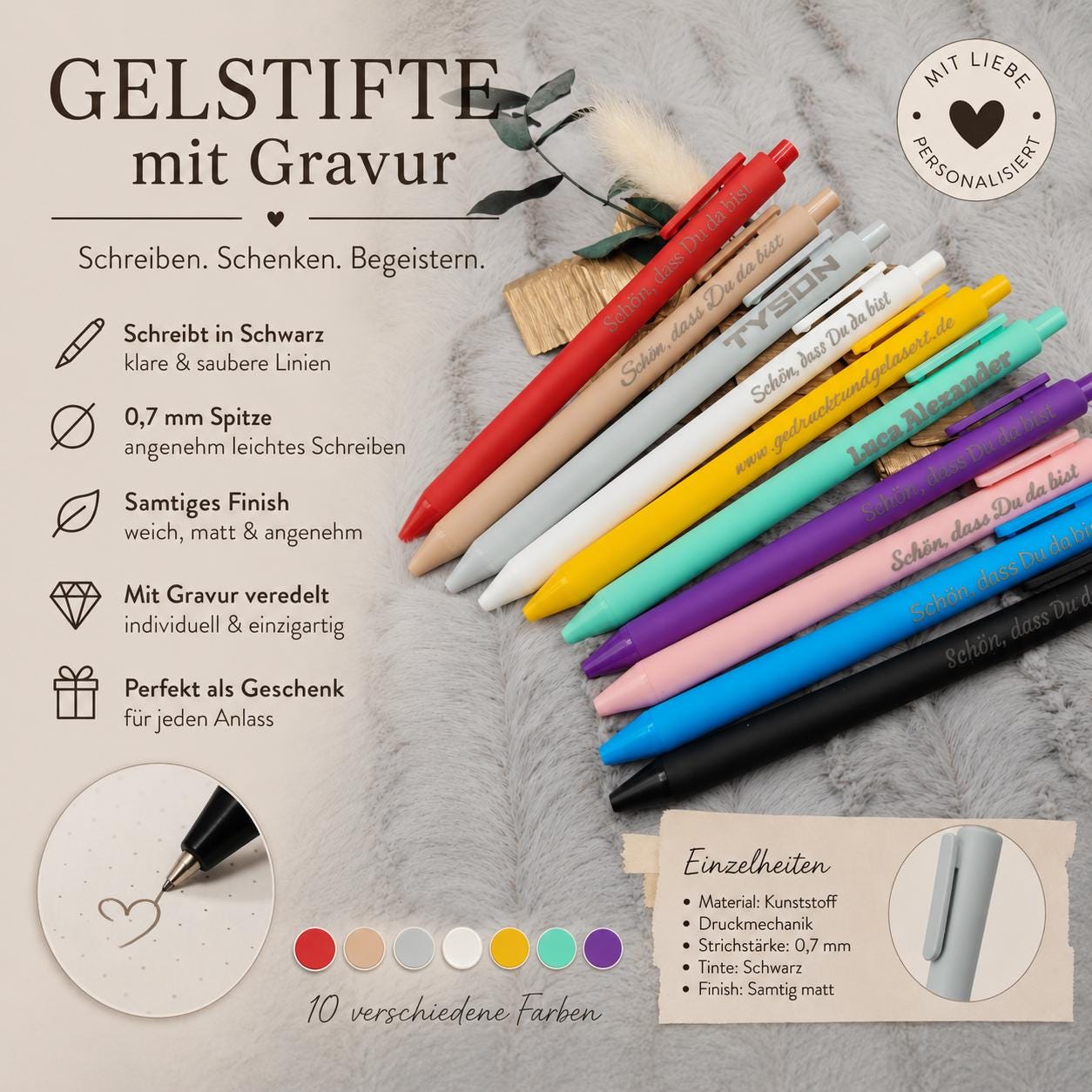 Gelschreiber personalisiert 10 Farben samtige Oberfläche mit Gravur Kuli Stift Gastgeschenk Geschenk Kugelschreiber