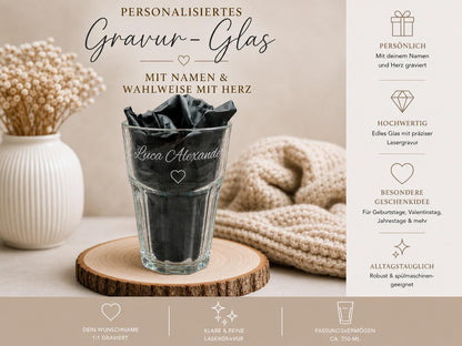 Latte Macchiato Glas mit Gravur personalisiert | Kaffeeglas mit Name oder Spruch | Geschenkidee Geburtstag & Einzug | Trinkglas individuell