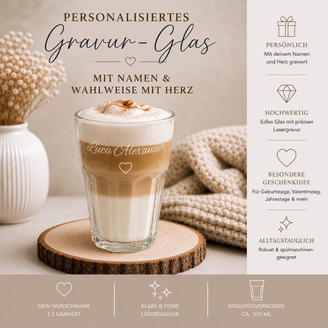 Latte Macchiato Glas mit Gravur personalisiert | Kaffeeglas mit Name oder Spruch | Geschenkidee Geburtstag & Einzug | Trinkglas individuell