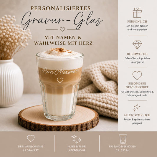 Latte Macchiato Glas mit Gravur personalisiert | Kaffeeglas mit Name oder Spruch | Geschenkidee Geburtstag & Einzug | Trinkglas individuell