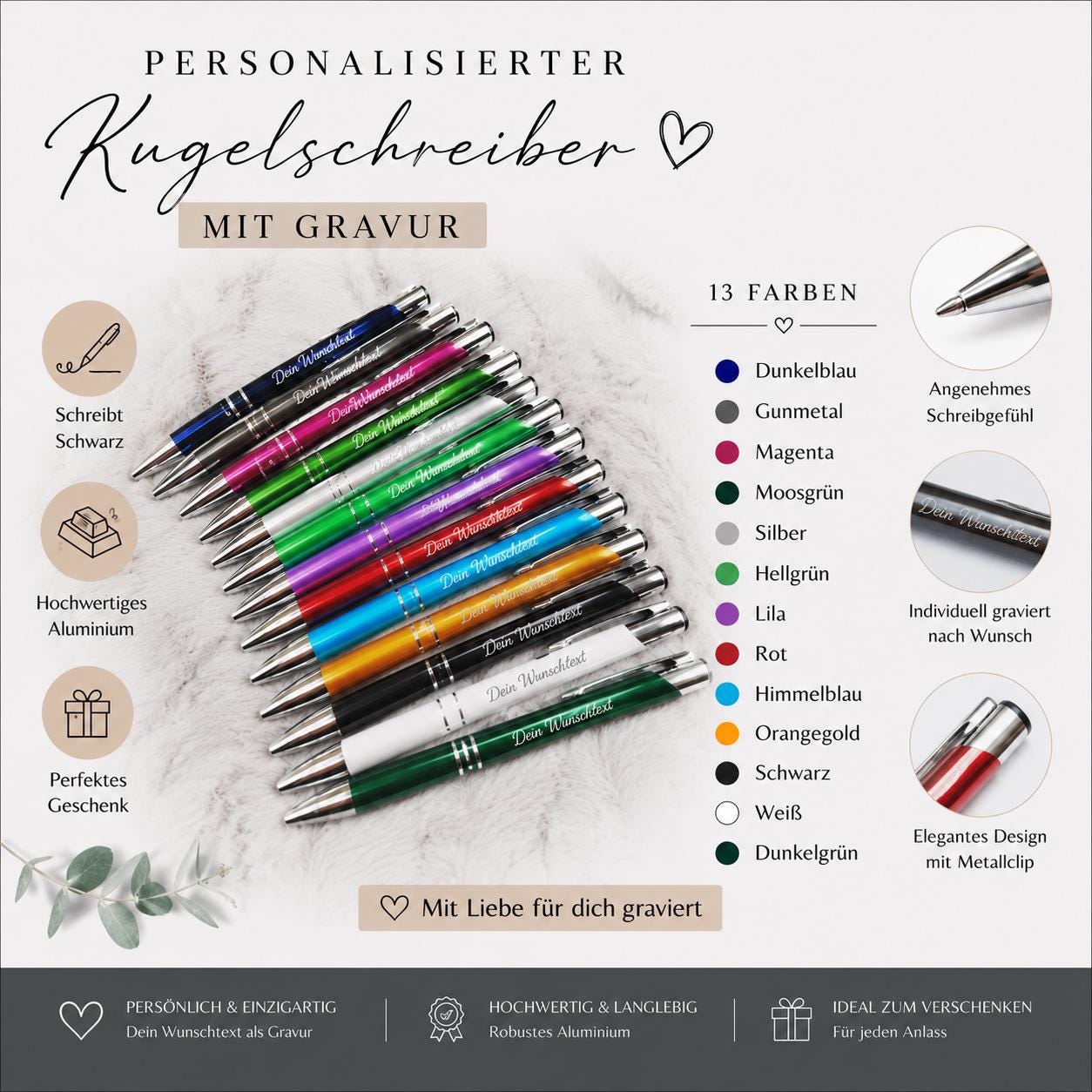 Personalisierter Kugelschreiber Aluminium 13 Farben mit Gravur | Kuli mit Name | Hochwertiger Stift schwarz schreibend | Geschenk Kollegen