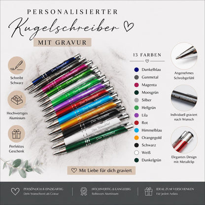 Personalisierter Kugelschreiber Aluminium 13 Farben mit Gravur | Kuli mit Name | Hochwertiger Stift schwarz schreibend | Geschenk Kollegen