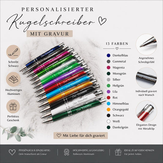 Personalisierter Kugelschreiber Aluminium 13 Farben mit Gravur | Kuli mit Name | Hochwertiger Stift schwarz schreibend | Geschenk Kollegen