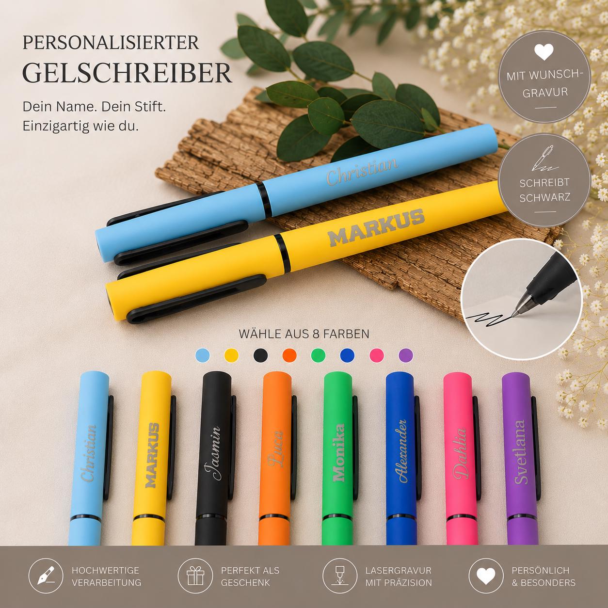 Gelschreiber personalisiert 8 verschiedene Farben gummierter Griff mit Gravur Kuli Stift Gastgeschenk Geschenk Kugelschreiber