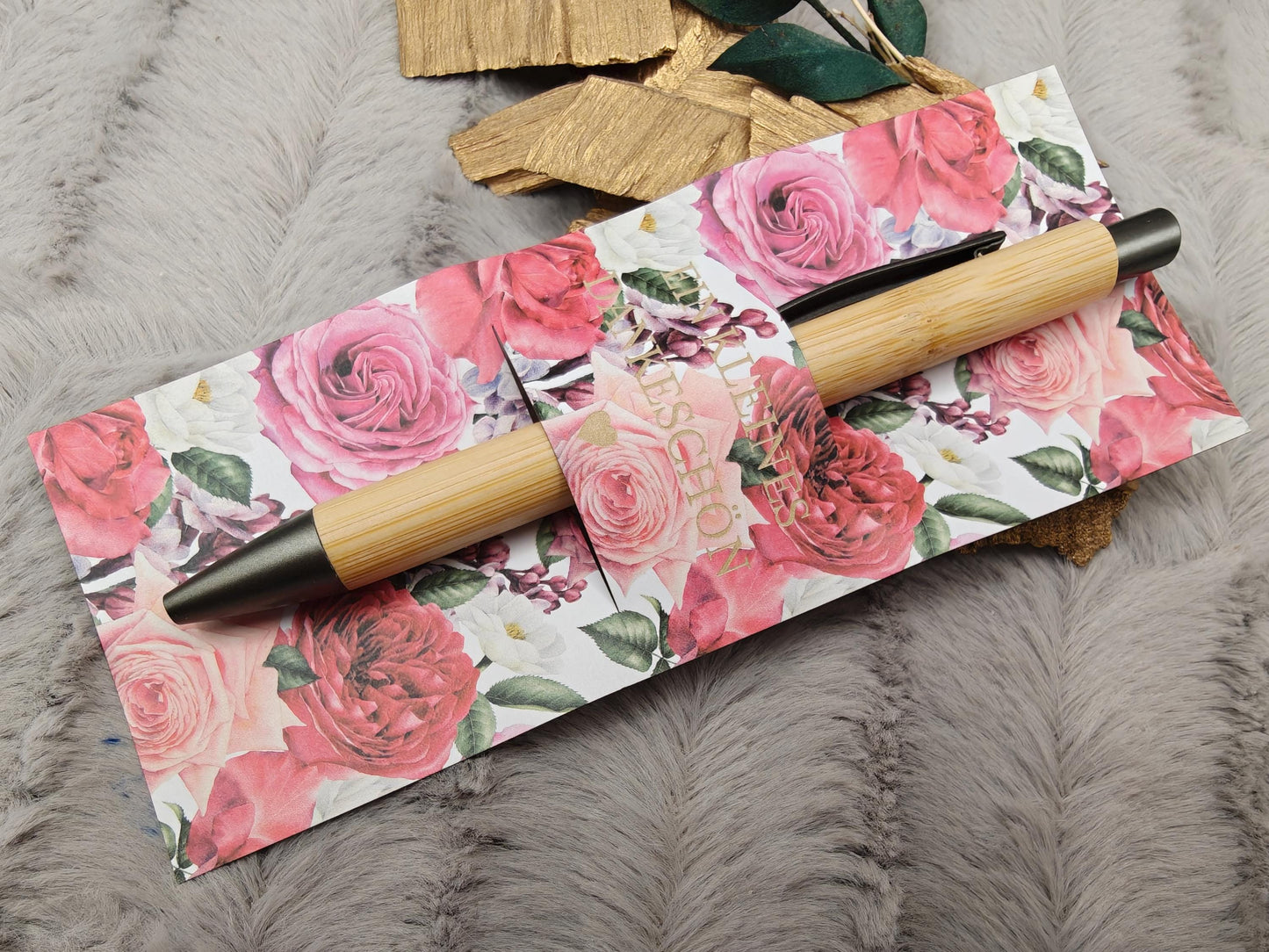 Kugelschreiber Bambus personalisiert in Papphülle mit "Ein Kleines Dankeschön" 6 florare Muster Geschenk individueller Gravur