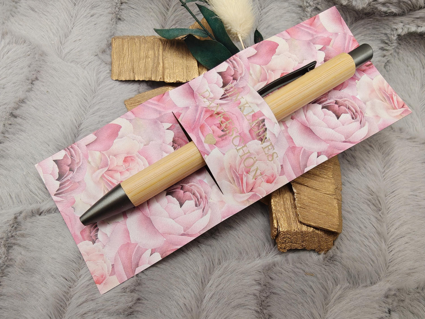 Kugelschreiber Bambus personalisiert in Papphülle mit "Ein Kleines Dankeschön" 6 florare Muster Geschenk individueller Gravur