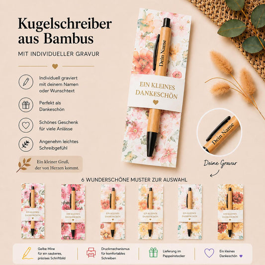 Kugelschreiber Bambus personalisiert in Papphülle mit "Ein Kleines Dankeschön" 6 florare Muster Geschenk individueller Gravur