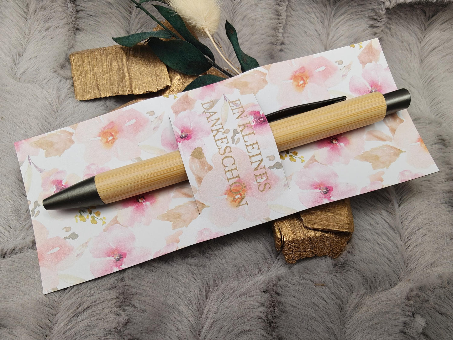 Kugelschreiber Bambus personalisiert in Papphülle mit "Ein Kleines Dankeschön" 5 florare Muster Geschenk individueller Gravur