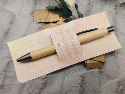 Kugelschreiber Bambus personalisiert in Papphülle mit "Ein Kleines Dankeschön" 7 schöne Muster Geschenk individueller Gravur