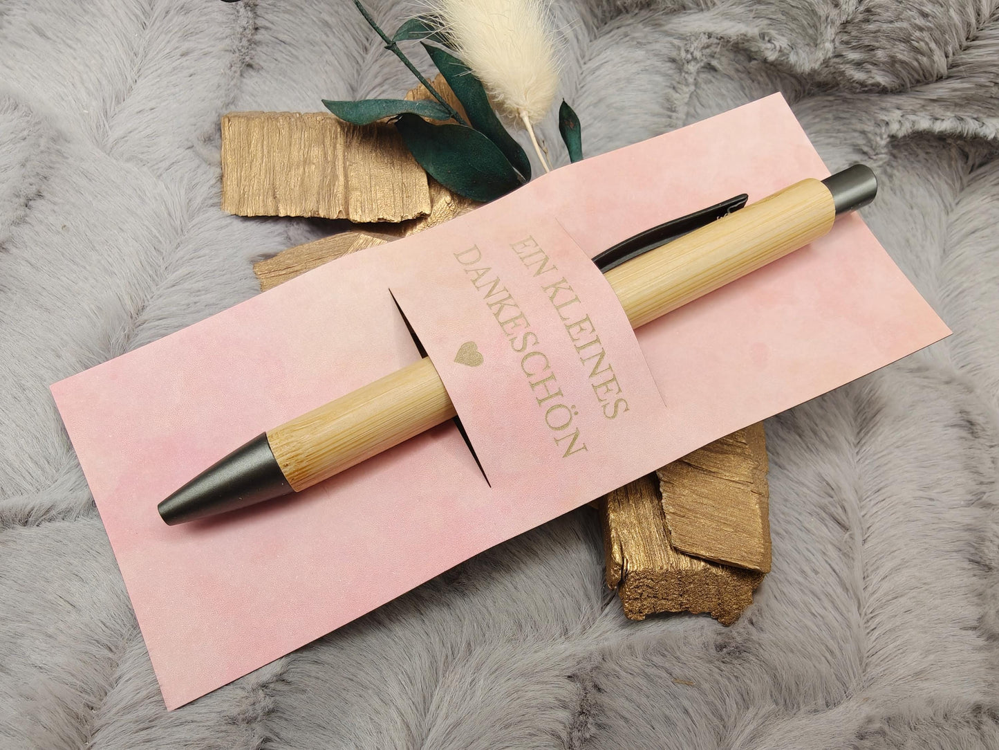 Kugelschreiber Bambus personalisiert in Papphülle mit "Ein Kleines Dankeschön" 7 schöne Muster Geschenk individueller Gravur