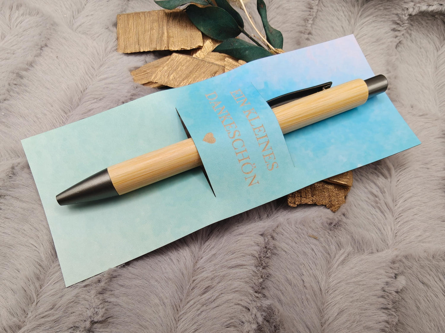Kugelschreiber Bambus personalisiert in Papphülle mit "Ein Kleines Dankeschön" 7 schöne Muster Geschenk individueller Gravur