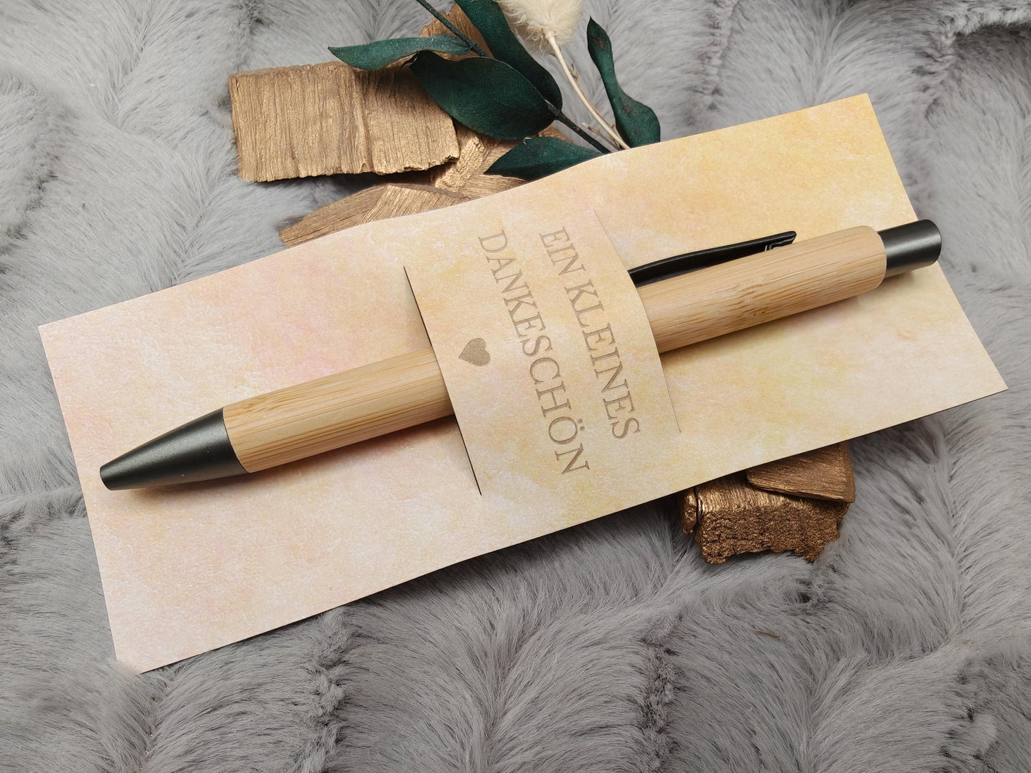 Kugelschreiber Bambus personalisiert in Papphülle mit "Ein Kleines Dankeschön" 7 schöne Muster Geschenk individueller Gravur