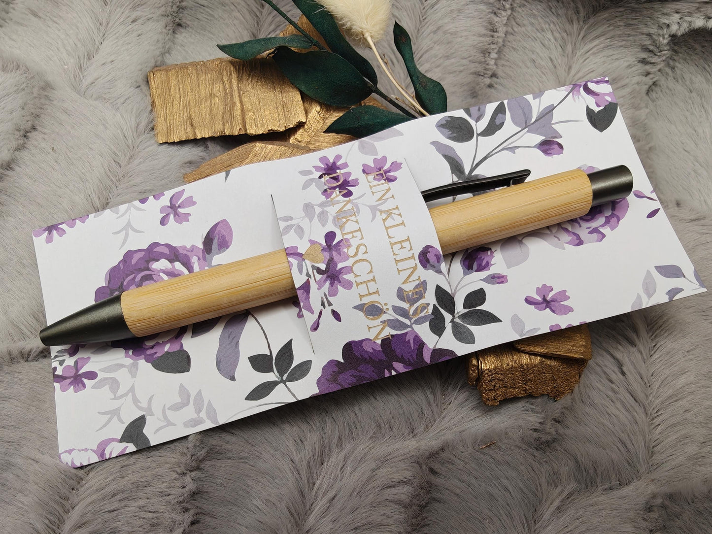 Kugelschreiber Bambus personalisiert in Papphülle mit "Ein Kleines Dankeschön" 6 florare Muster Geschenk individueller Gravur