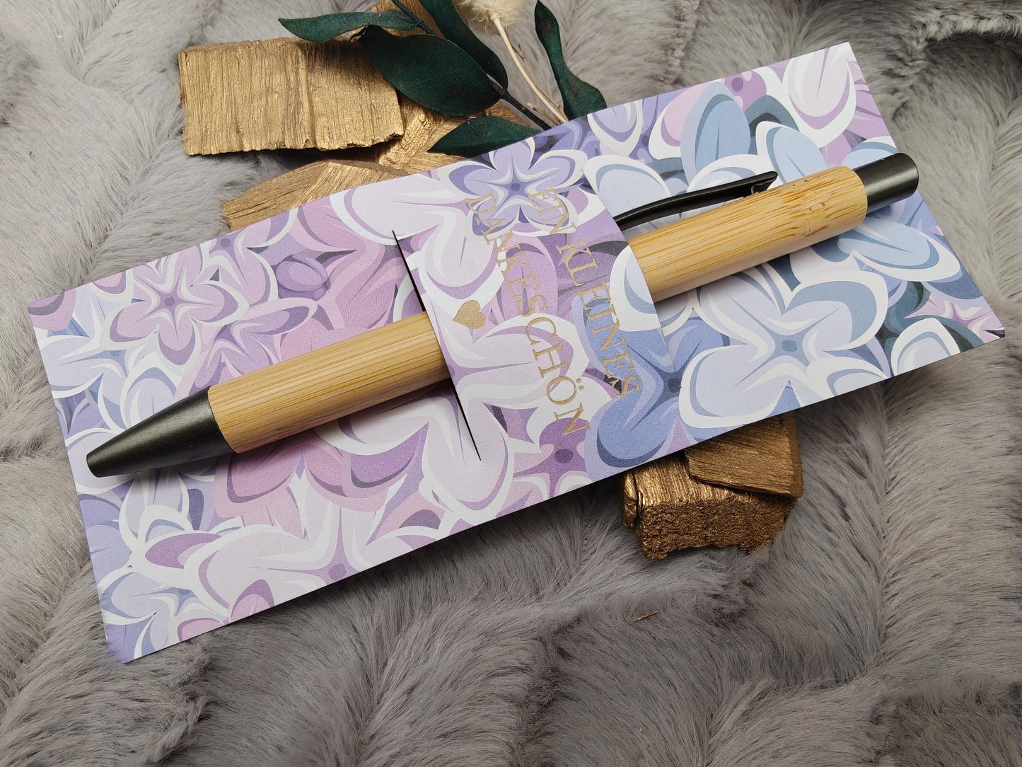 Kugelschreiber Bambus personalisiert in Papphülle mit "Ein Kleines Dankeschön" 6 florare Muster Geschenk individueller Gravur