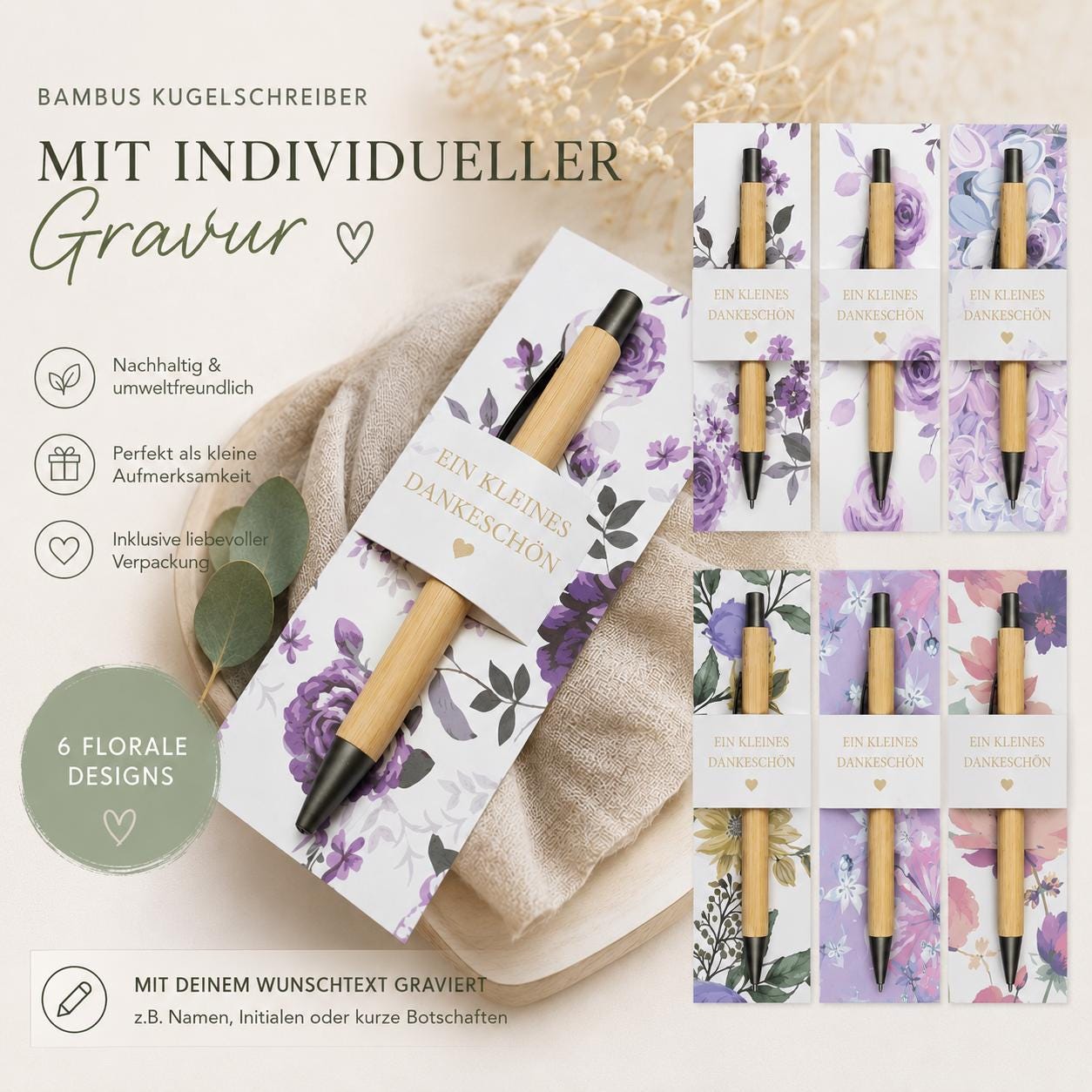 Kugelschreiber Bambus personalisiert in Papphülle mit "Ein Kleines Dankeschön" 6 florare Muster Geschenk individueller Gravur
