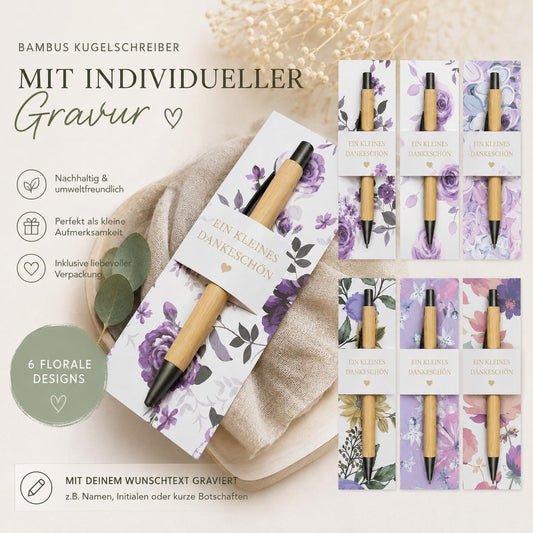 Kugelschreiber Bambus personalisiert in Papphülle mit "Ein Kleines Dankeschön" 6 florare Muster Geschenk individueller Gravur