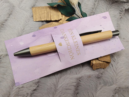 Kugelschreiber Bambus personalisiert in Papphülle mit "Ein Kleines Dankeschön" 6 Schöne Farbmuster Geschenk individueller Gravur