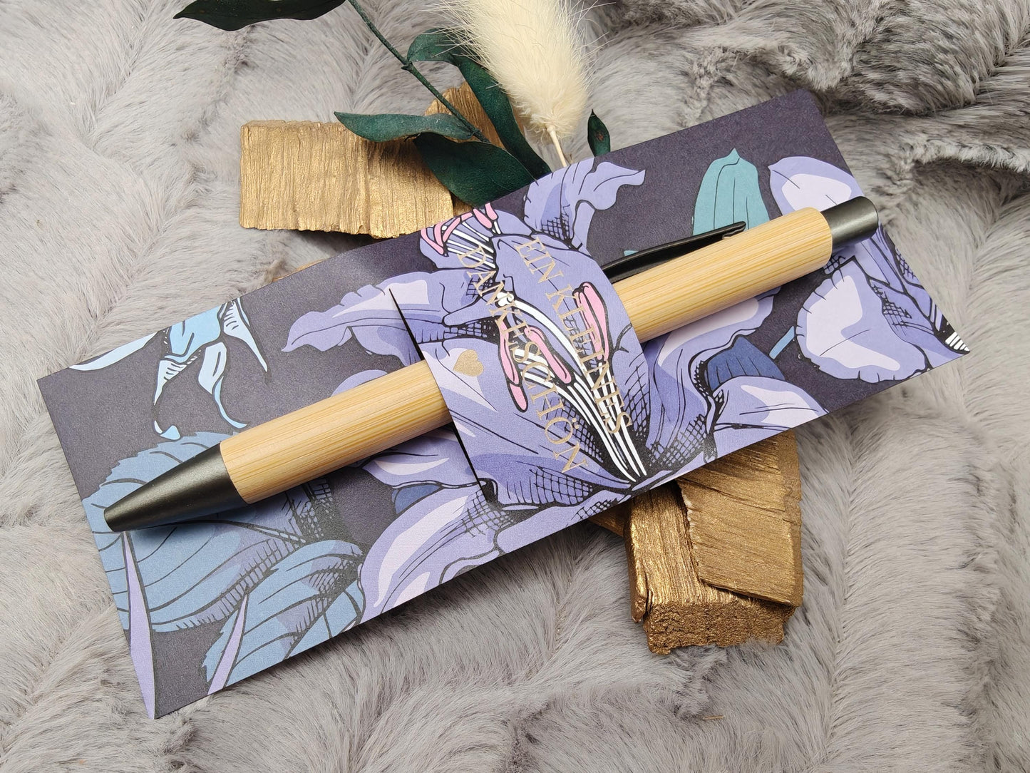Kugelschreiber Bambus personalisiert in Papphülle mit "Ein Kleines Dankeschön" 6 florale Muster Geschenk individueller Gravur