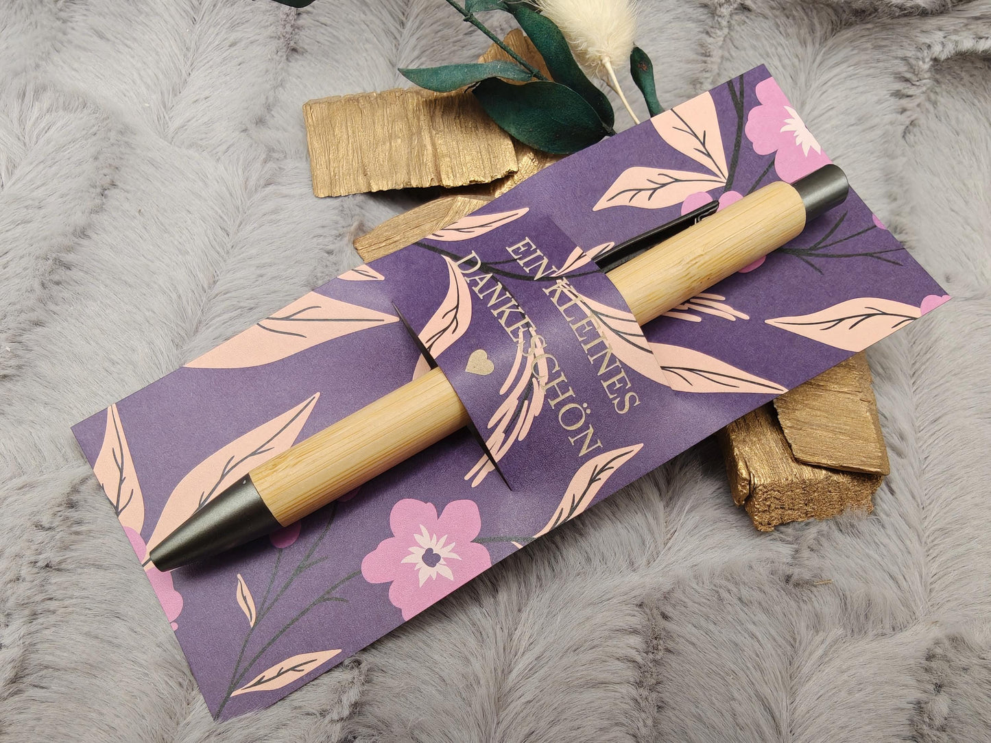 Kugelschreiber Bambus personalisiert in Papphülle mit "Ein Kleines Dankeschön" 6 florale Muster Geschenk individueller Gravur