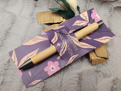 Kugelschreiber Bambus personalisiert in Papphülle mit "Ein Kleines Dankeschön" 6 florale Muster Geschenk individueller Gravur