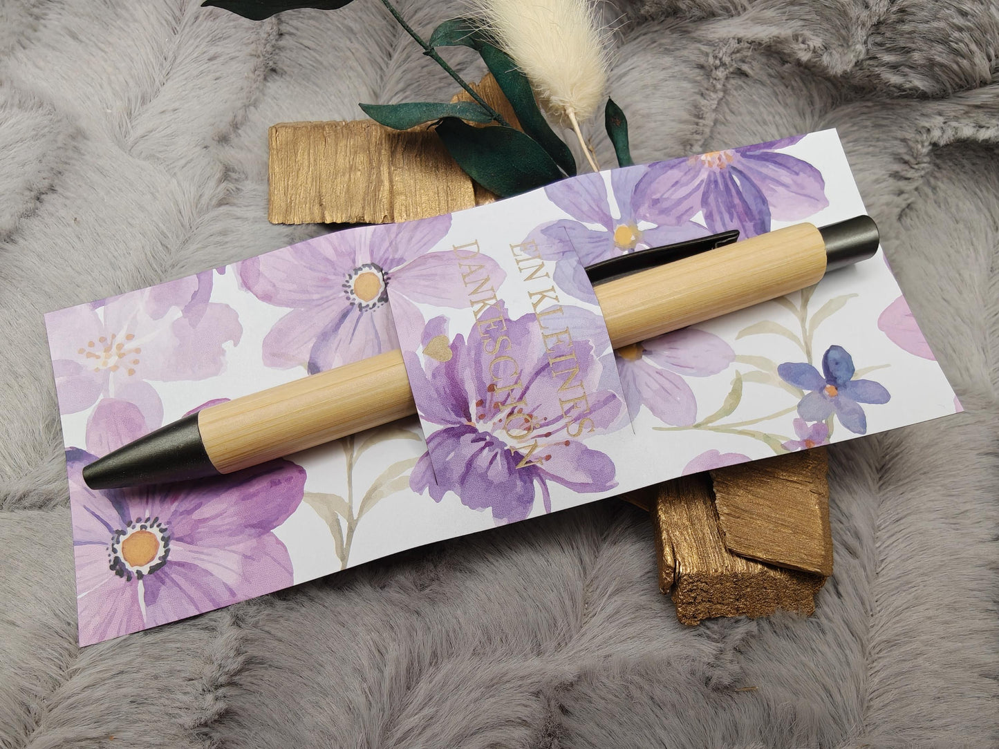Kugelschreiber Bambus personalisiert in Papphülle mit "Ein Kleines Dankeschön" 6 florale Muster Geschenk individueller Gravur