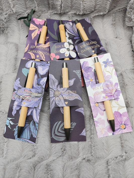 Kugelschreiber Bambus personalisiert in Papphülle mit "Ein Kleines Dankeschön" 6 florale Muster Geschenk individueller Gravur