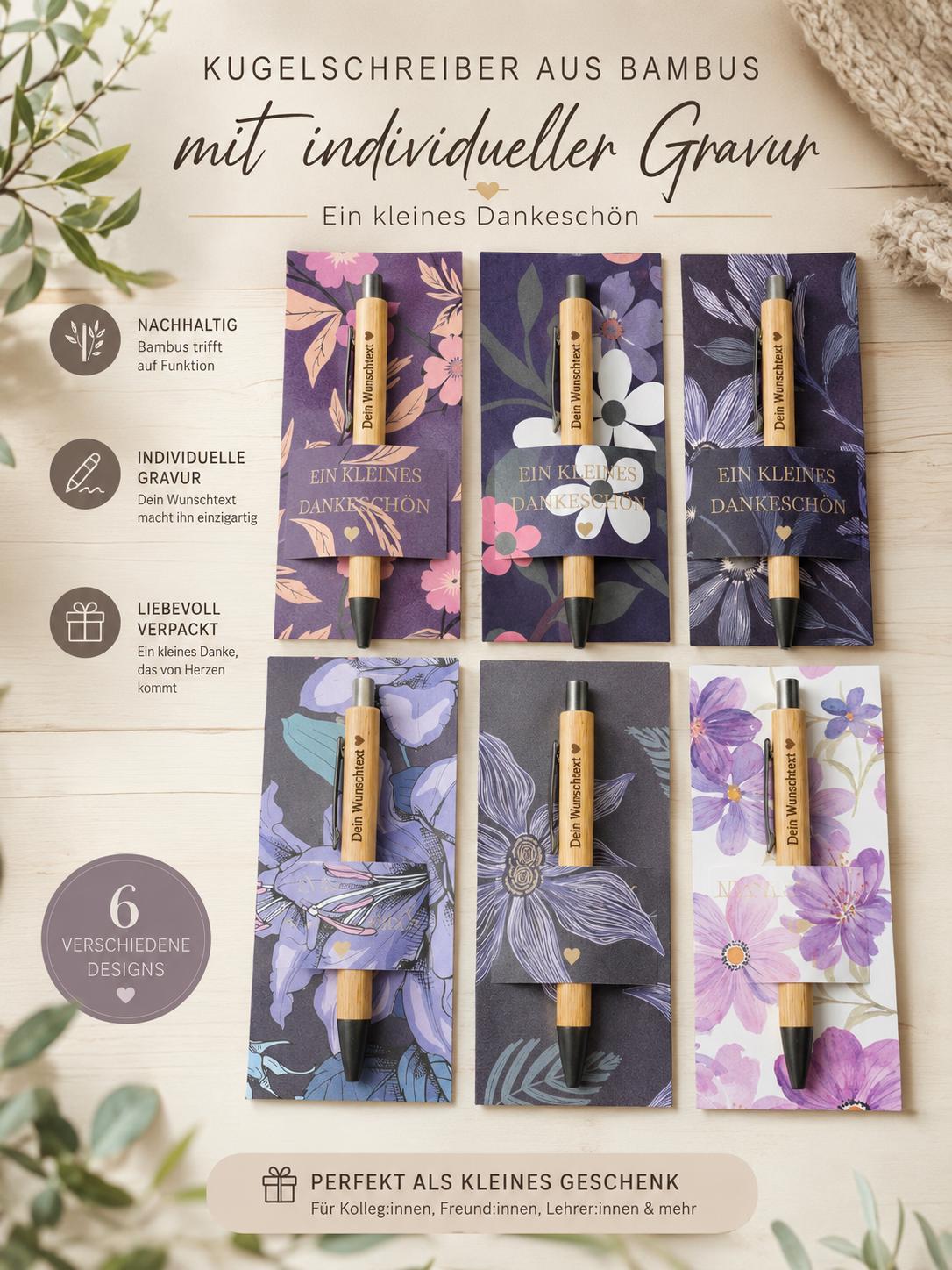 Kugelschreiber Bambus personalisiert in Papphülle mit "Ein Kleines Dankeschön" 6 florale Muster Geschenk individueller Gravur