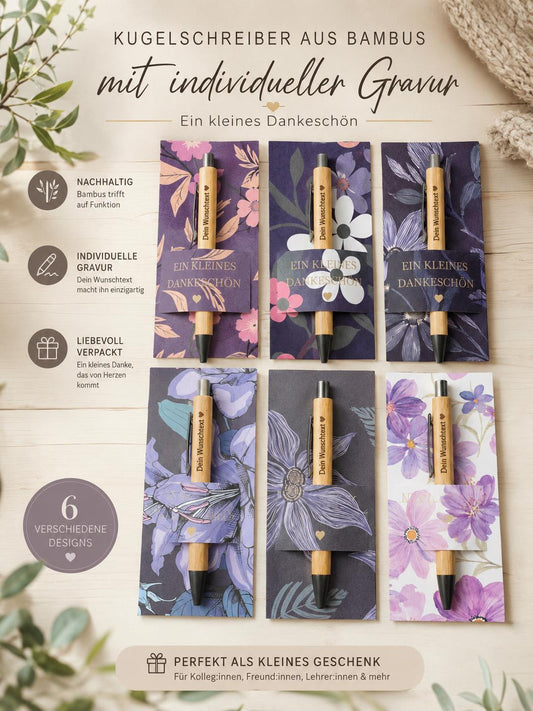 Kugelschreiber Bambus personalisiert in Papphülle mit "Ein Kleines Dankeschön" 6 florale Muster Geschenk individueller Gravur