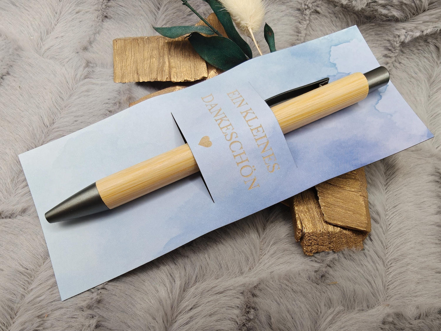 Kugelschreiber Bambus personalisiert in Papphülle mit "Ein Kleines Dankeschön" 6 schönen Mustern Geschenk individueller Gravur