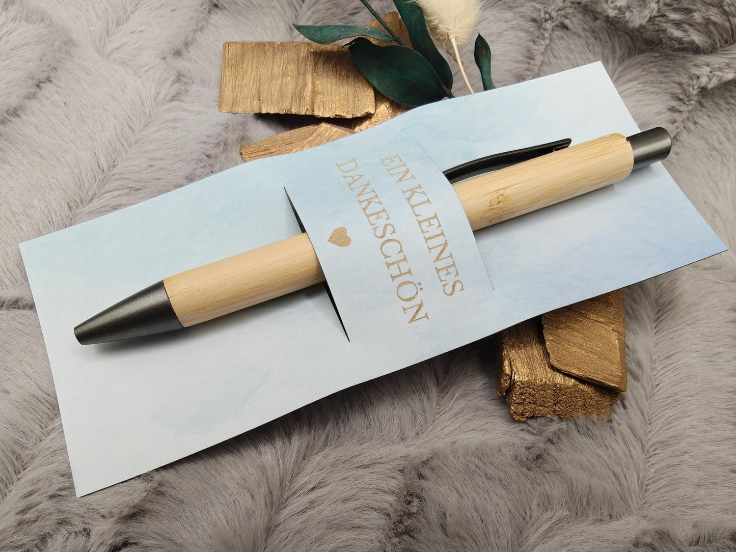 Kugelschreiber Bambus personalisiert in Papphülle mit "Ein Kleines Dankeschön" 6 schönen Mustern Geschenk individueller Gravur