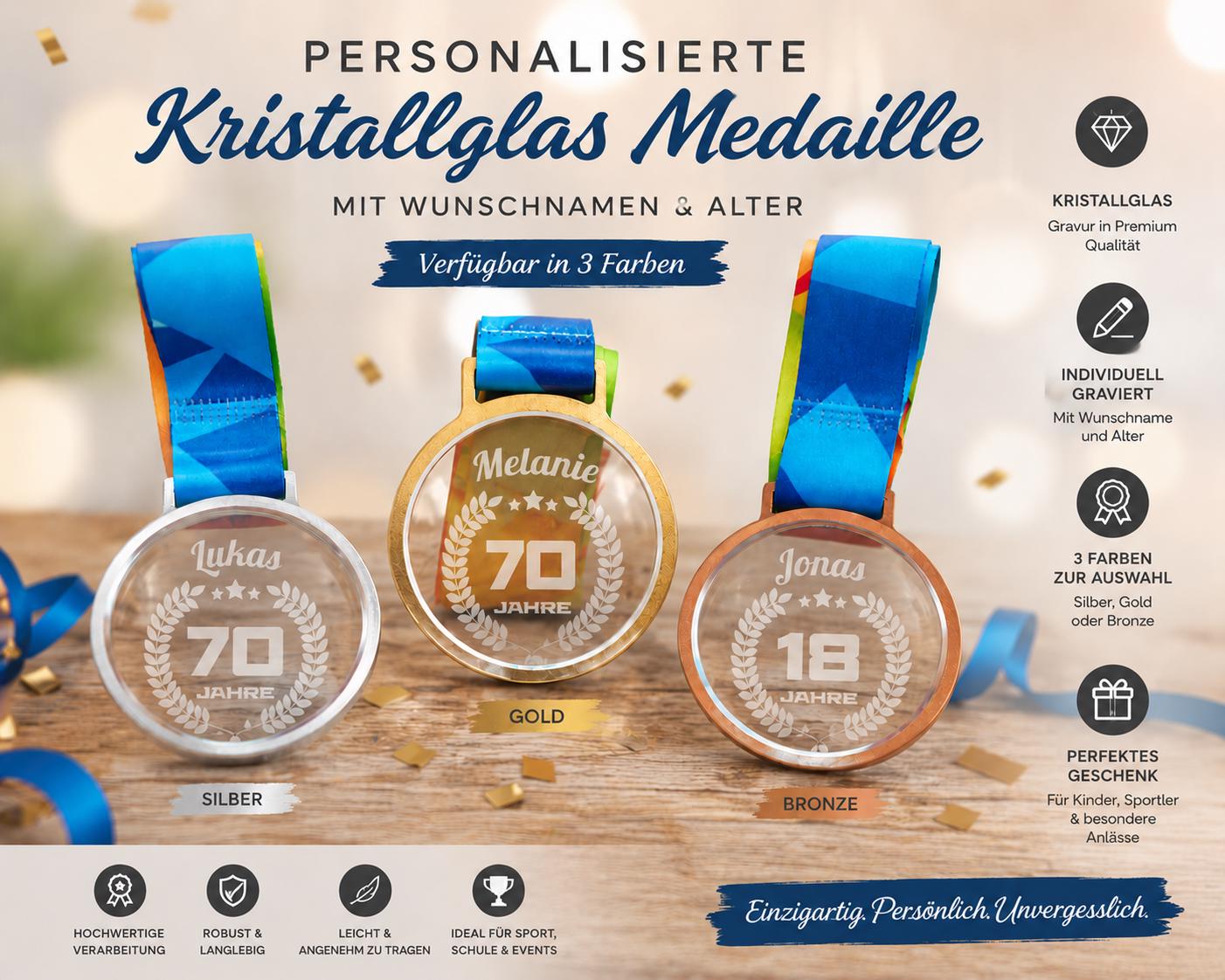 Personalisierte Medaille mit Name & Alter | Gold Silber Bronze mit Kristallglas | Individuelle Auszeichnung | Medaille mit Band graviert