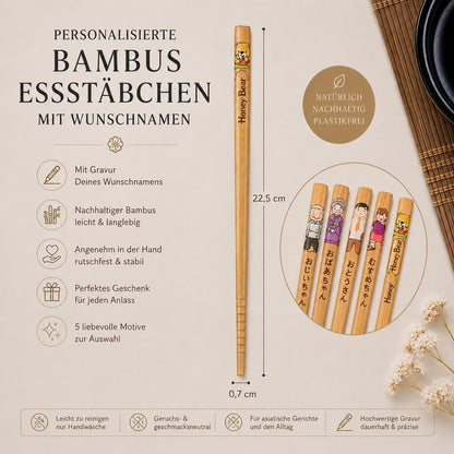 Personalisierte Essstäbchen mit Gravur | Bambus Chopsticks mit Name | Inkl. Gratis 3D-Druck Halter | Individuelles Geschenk Sushi Liebhaber