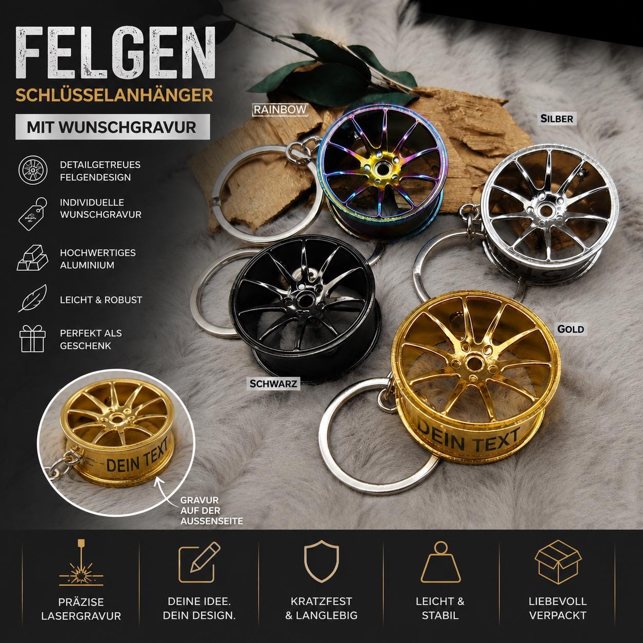 Felgen Schlüsselanhänger personalisiert | Auto Tuning Geschenk mit Gravur | Alufelge Anhänger Schlüsselbund | KFZ Zubehör für Autofahrer