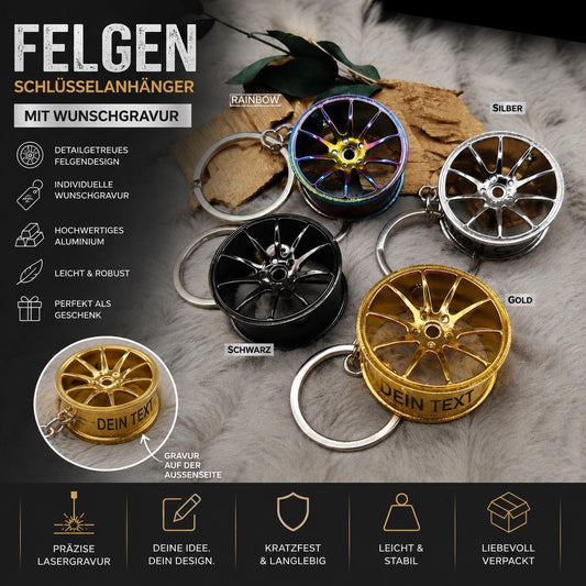 Felgen Schlüsselanhänger personalisiert | Auto Tuning Geschenk mit Gravur | Alufelge Anhänger Schlüsselbund | KFZ Zubehör für Autofahrer