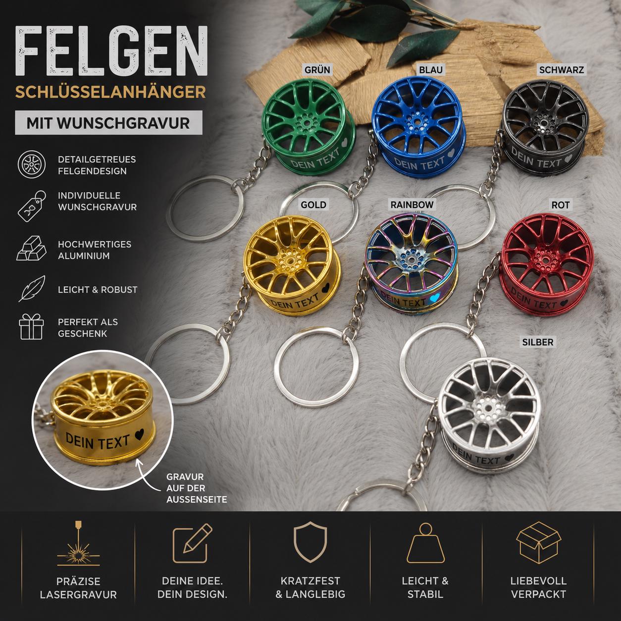 Felgen Schlüsselanhänger personalisiert | Auto Tuning Geschenk mit Gravur | Alufelge Anhänger Schlüsselbund | KFZ Zubehör für Autofahrer
