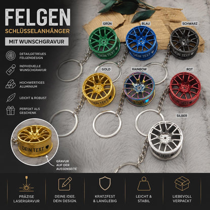 Felgen Schlüsselanhänger personalisiert | Auto Tuning Geschenk mit Gravur | Alufelge Anhänger Schlüsselbund | KFZ Zubehör für Autofahrer