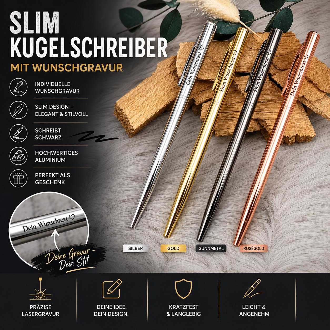 Personalisierter Kugelschreiber Slim Design | Eleganter Stift mit Gravur | 4 Farben Kuli Geschenk mit Name | Roségold Gold Silber Gunmetal