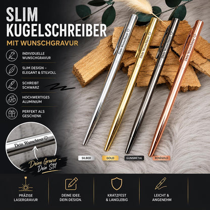 Personalisierter Kugelschreiber Slim Design | Eleganter Stift mit Gravur | 4 Farben Kuli Geschenk mit Name | Roségold Gold Silber Gunmetal